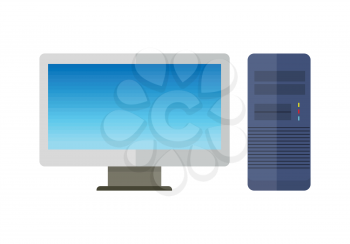 Blue computer system unit and computer monitor with empty screen in flat. Desktop computer. Computer icon. Isolated object on white background. Vector illustration.
