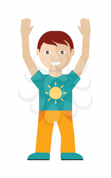 Male character in t-shirt with sun and yellow trousers with hands up isolated on white in flat design. Man template personnage illustration for fashion app, logos, infographic. Fashion boy. Vector