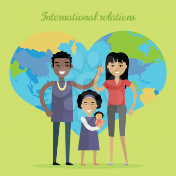International relations vector concept. Flat design. Interracial marriages. African man, asian woman,  girl standing and holding hands on NAME background with world map in shape of heart