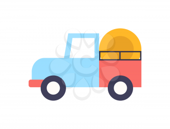 Truck with hay for working on farm cartoon vector icon. Cylindrical bale in trunk, equipment isolated badge in cartoon style, farming theme sample