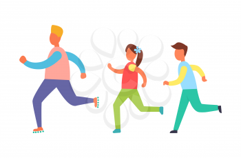 Running people set, isolated vector cartoon icon. Children jogging one after another, playing game, training exercise, sport and resting theme banner