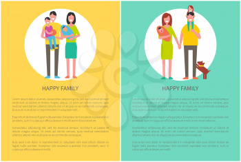 Happy family mother, father, daughter and son and adorable pet. Vector parents and children leaflet poster text sample, and people isolated in circle