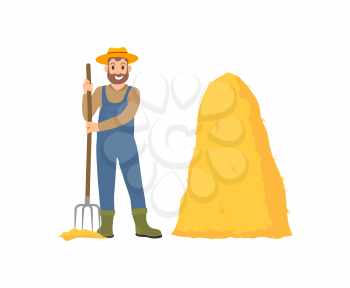 Farming person with hayfork and dry grass bale isolated icon vector. Farmer working on land with pitchfork instrument, autumnal seasonal occupation