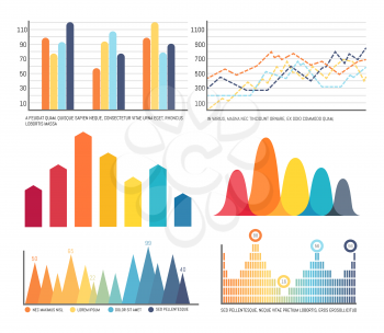 Infographics and charts with lines graphics vector. Dots and curves, visualization and conceptualization of data. Schemes and numeric figures results