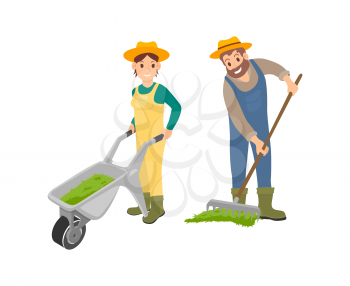 Farming man and woman dealing with compost spreading on ground. Female with trolley, man working using rake. Agriculture works and husbandry vector