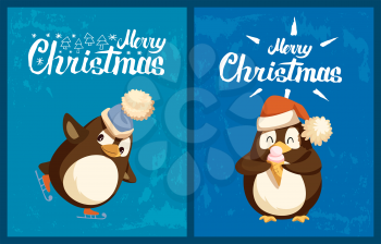 Penguin on skates and with ice cream greeting card. Skating bird in hat with bubo, dessert in waffle cone, Santa hat, CHristmas and New Year vector