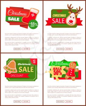 Christmas sale price off, cookies and text web vector. Online page with reindeer and bells, gingerbread snacks, socks with deer print, big discount offer