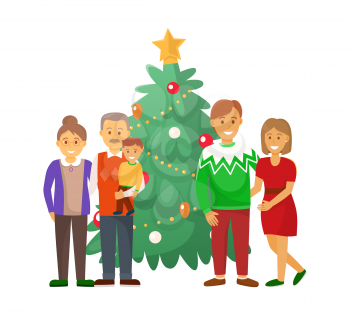 Pine tree and family Christmas holiday celebration vector. Mother and father, couple with grandparents holding grandchild on hands people at home