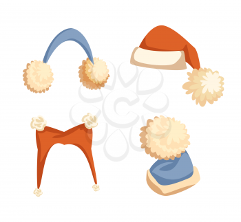 Colorful Santa hats with big pompons and furry earmuffs. Collection of winter headdress, wintertime holiday costume in flat style isolated on white vector