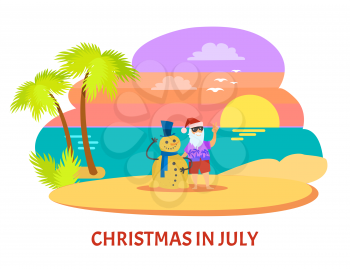 Santa Claus with beard and glasses and red hat with shorts standing with snowman near palm-trees on beach with sunset. Christmas holiday in July vector