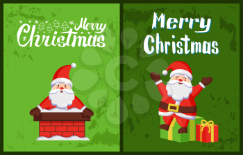 Merry Christmas, Santa Claus looking out chimney pipe, send greetings from gift boxes vector winter character on green grunge backdrop, New Year holidays cards