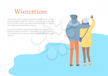 Standing in wintertime man embracing woman in hat and jacket with bag and colorful trousers. Back view of couple outdoor, papercard with text vector