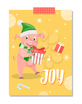 Joy postcard, piglet New Year symbol, gift box isolated on yellow background with snowflakes. Pig in green scarf and hat wishing Merry Christmas vector