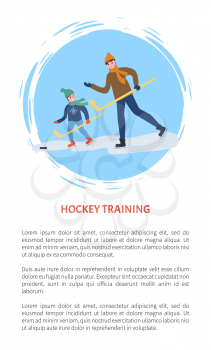 Hockey training father and son poster with text sample vector. Competition game of family, winter game, playful team with wooden sticks on ice rink