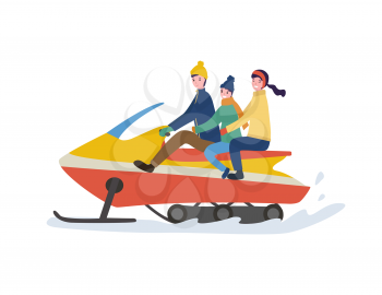Cheerful driving dad sitting together with mum and son in warm clothes. Family winter riding on snowmobile, vector image in flat style isolated on white