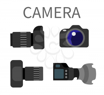 Digital photocameras set with lens isolated on white. Plastic studio photography equipment with zoom, analog photo camera with flash light vector illustration