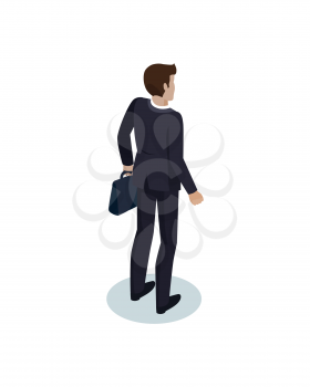 Busy man with case or diplomat in hands office worker representative. Director or administrator vector isometric businessman back view model form.