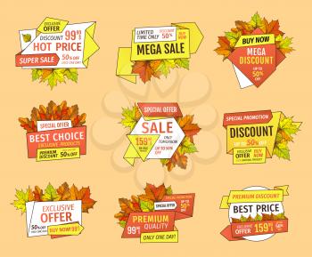 Thanksgiving offer sale tags with adverts. Exclusive price 99.90 promotional label with maple leaves, oak foliage autumn symbols emblems isolated vector