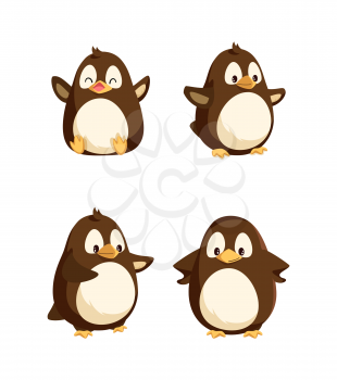Penguins showing emotions animal isolated icons set vector. Seabirds with happy faces, gesturing and walking, funny wildlife, emotional characters