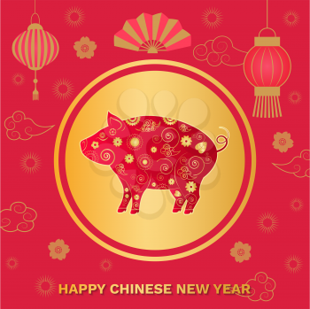 Happy Chinese New Year 2019 Asian style symbolic vector. Prosperity and auspicious luck, hand fan paper and lanterns, clouds and flowers floral design