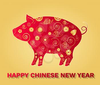 Chinese lunar Year of pig holiday, vector greeting card with asian festive ornaments. Oriental patterns and zodiac animal isolated on golden, vector paper cut