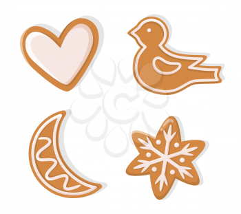 Winter holiday shapes of gingerbread vector. Christmas cookie figurines of heart and bird, moon and snowflake with pattern in flat style isolated on white