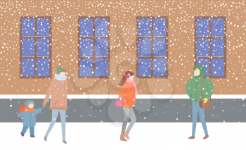 Mother and kid passing by building with windows vector. Street filled with people wearing warm clothes hurry to get home. Woman holding sack handbag