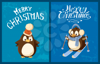 Penguin in Santa hat and earmuffs on skis greeting card. Bird in scarf and sticks, festive headdress, winter sport, Christmas and New Year holidays vector