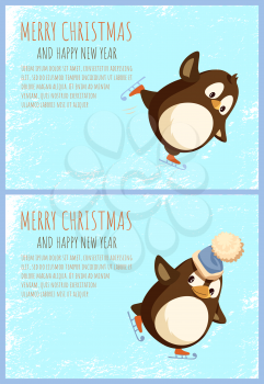 Penguin skating in hat with furry ball. Falling animal on skates in realistic style. Winter activity with wishes Merry Christmas and Happy New Year vector