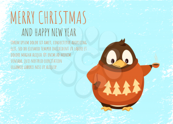 Merry Christmas and Happy New Year card, penguin in sweater with hot coffee cup. Arctic bird in clothes with beverage vector. Christmas outfit, energetic drink and animal