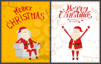 Xmas postcards, Santa Claus sitting on armchair and warm congratulations. Bearded old man Santa Claus wishes Merry Christmas and happy New Year holidays
