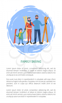 Family skiing people with equipment, winter season time vector. Game and sport parents with child, father and mother holding little kid, poster text