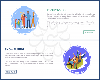 Family tubing and skiing, skiers with equipment vector. Poster with text sample splashing snow, people on tube, father and mother with children web
