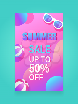 Summer sale vector banner, season discount leaflet sample. Sun glasses and double color beach balls, round spots and waves, leaving shadow poster