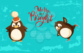 Merry and bright Christmas holiday penguins and winter holiday celebration vector. Animal wearing warm hat, bird with wings smooth feathers snowing