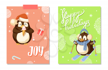 Greeting Happy Holidays decorated with skiing penguin in earmuffs and scarf. Joy holiday card animal holding ice-cream. Winter card with birds vector