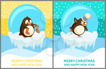 Greeting card Merry Christmas and Happy New Year vector penguin. Animal in ice bowl with icicles. Standing bird with socks and funny skating in Santa hat