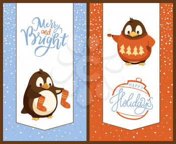 Penguin with knitted socks and sweater, Christmas and New Year holidays. Hot tea or coffee cup, Xmas tree decoration or ball, greeting cards vector