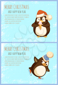 Penguin with ice cream and on skates, Christmas winter holiday. Bird in Santa hat with dessert in waffle cone, skating Arctic animal on ice rink vector