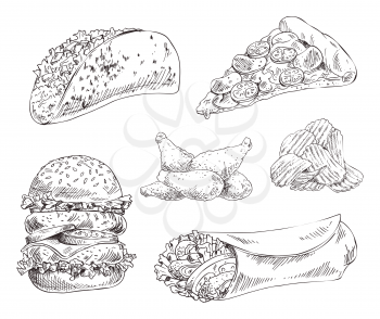 Fast food set hand drawn vector monochrome illustration. Pizza slice and tacos, chips and chicken wings, double burger and doner kebab sketch style