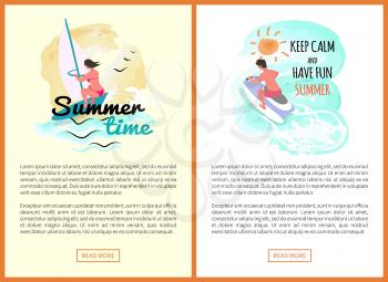 Keep calm and have fun summer vector, people windsurfing and riding jet ski machine, website with text. Man and woman relaxing active male and female