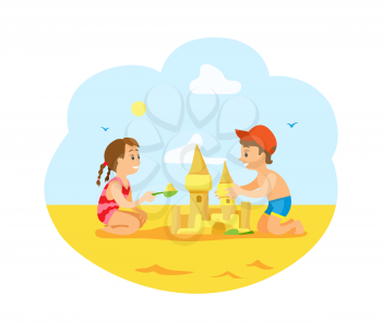 Children on summer vacations vector, boy and girl building castle from sand using shovels. Friends brother and sister enjoying holidays of summertime