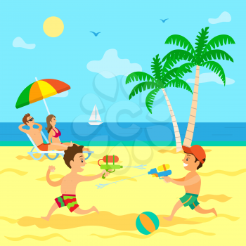 Kids playing with guns loaded with water vector, children on summer vacations with parents. Couple laying on chaise longue relaxing on sun, sunbathing on beach, summertime relax with childrens