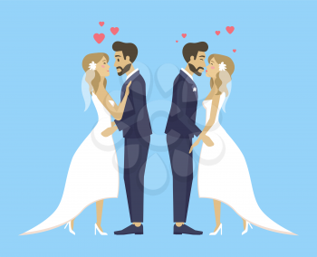 Double wedding, brides and grooms kissing and hugging, cuddling persons tender females and males. Man and woman vector, people in love, hearts decor