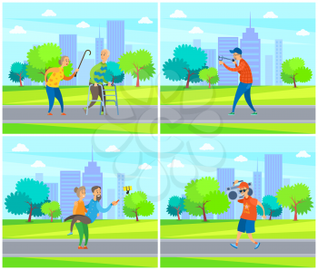 Senior people in city park vector, weekends of grandmother and grandfather with slingshot, woman and man taking selfie on nature, music box on shoulder