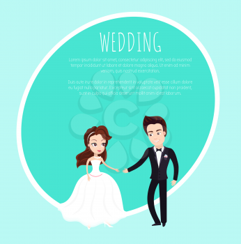Groom and bride looking at each other and holding hands, portrait view of newlyweds, wedding template postcard or invitation, valentine holiday vector
