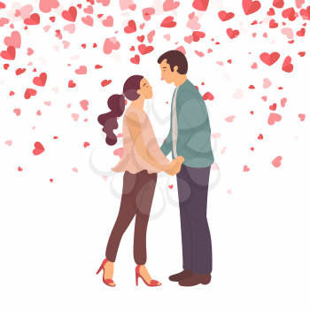 Couple in love going to kiss, lady on high heels and guy isolated on backdrop with hearts. Cartoon characters male and female standing and gently hugging