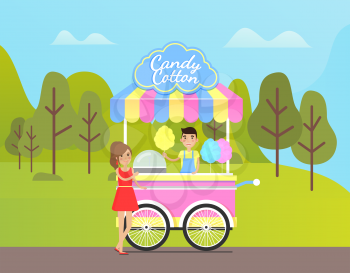 Street food in park vector, woman buying dessert form seller in truck. Store with wheels and sign above. delicious meal sold by merchant in forest