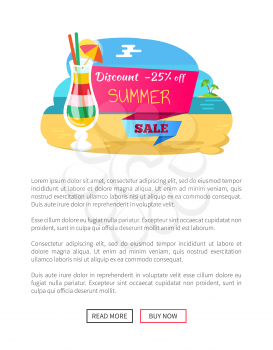 Vector refreshing drink, web online poster with text sample. Discount 25 percent, summer sale label with tropical tricolor cocktail decorated by umbrella and straw