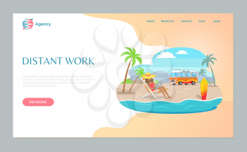 Woman sitting on chair using laptop, girl on beach with wireless device, distant work webpage decorated by mountain landscape, palm trees, bus vector. Website template, landing page flat style